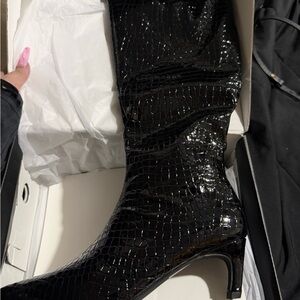 Fashion Nova Black Croc-Patterned Heeled Boots